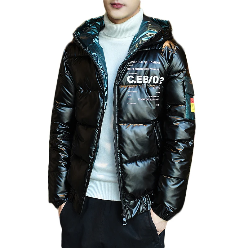 

Winter Jacket Men Coat Fashion Glossy Hooded Collar Male Jacket Mens Solid Thick Jackets and Coats Man Winter Stand collar