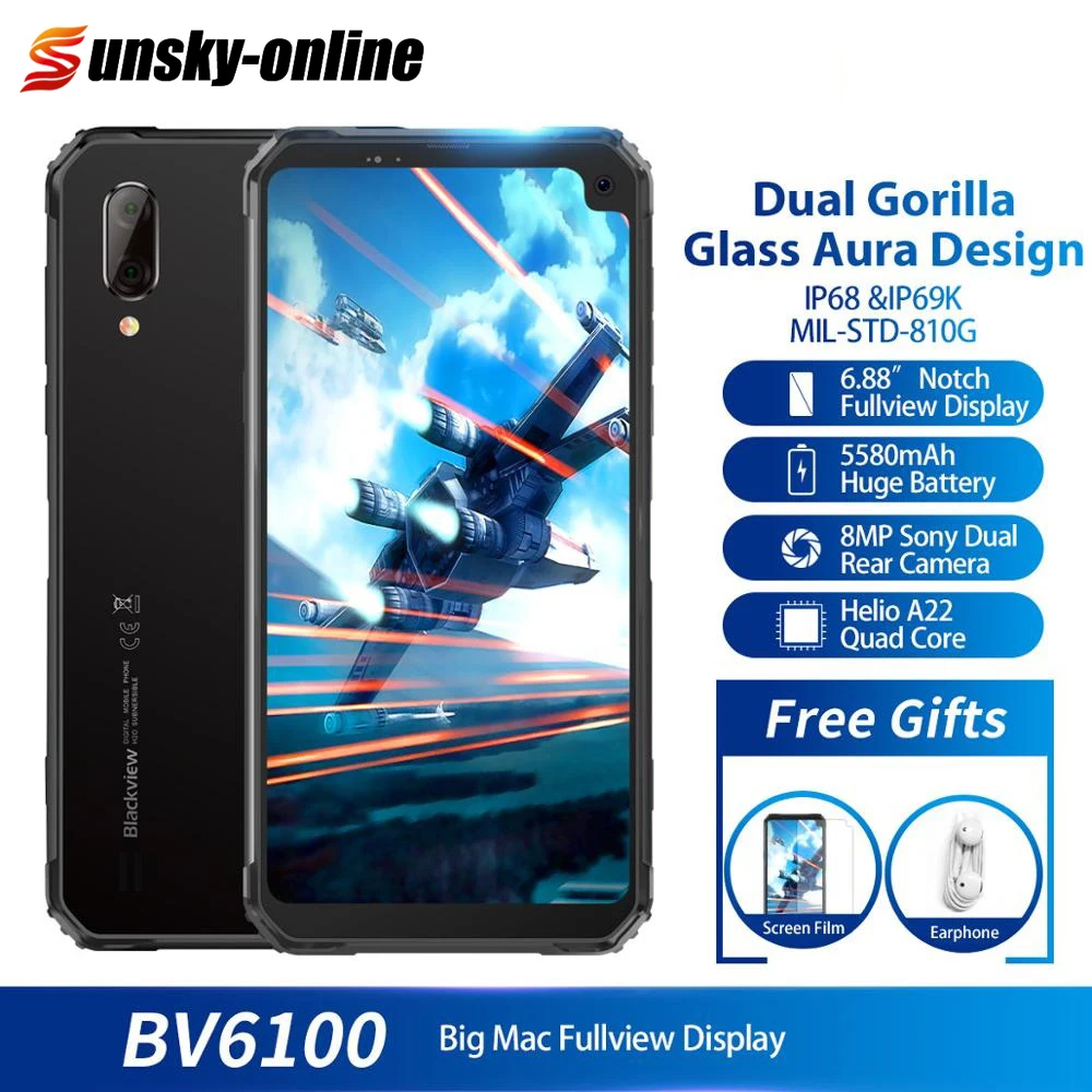 Blackview BV6100 6,8" Gorilla glass экран смартфон Android 9,0 IP68 Водонепроницаемый 5580 мАч 3 ГБ+ 16 Гб gps+ ГЛОНАСС NFC мобильный телефон