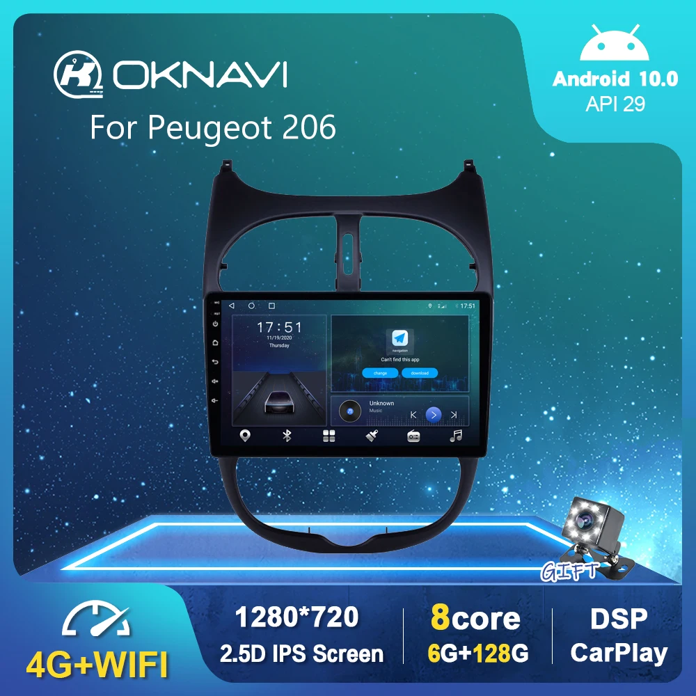 Android 10.0 GPS Car Radio For Peugeot 206 2000-2016 Multimedia Video Player DSP Carplay 6G 128G IPS Stereo Bluetooth No 2 din