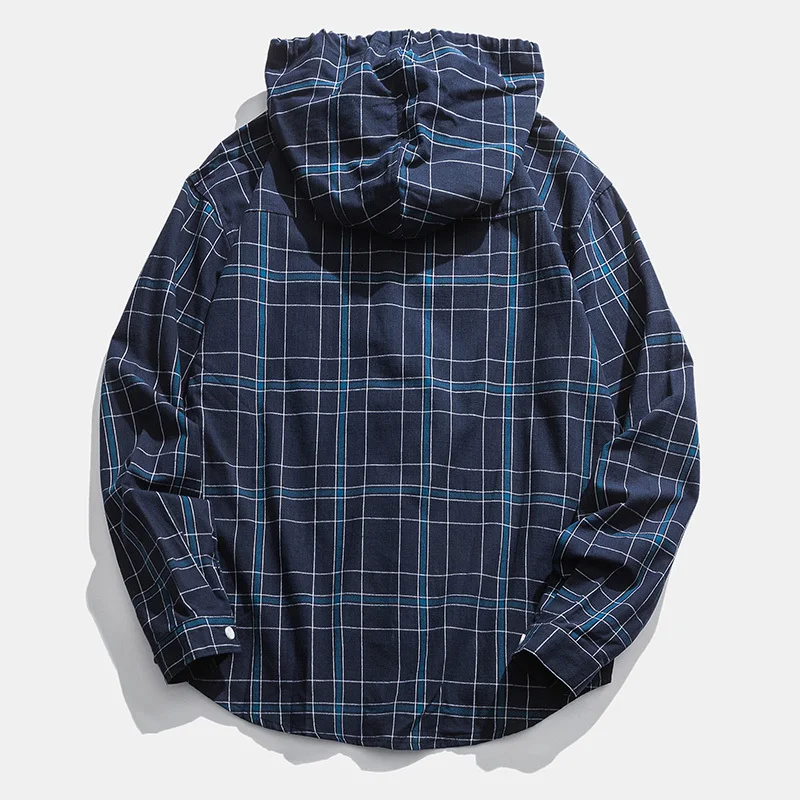 Cotton Plaid Shirt Men s Fashion Retro Hooded Shirt Men Loose Casual Shirt Streetwear Wild Long 3