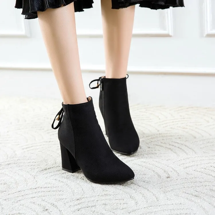 

Big Size 11 12 13 14 15 16 17 18 19 Suede pointed thick heel high heel side zipper bow short tube square heel fashion boots