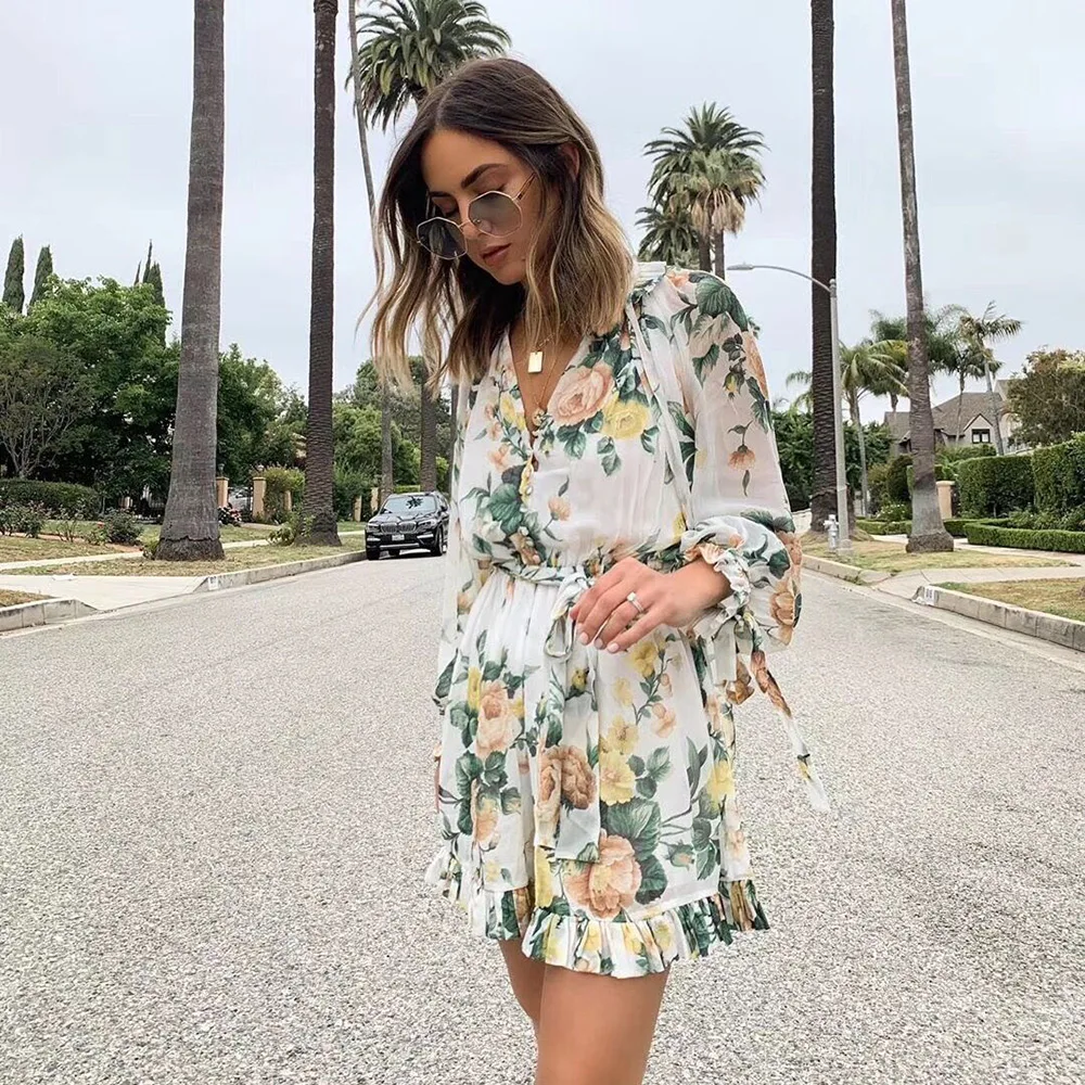 

High Quality Women Floral Print V Neckline Buttoned Ruffled Jumpsuit Gathring Waist With Ties & Puff Sleeve - Fashion Playsuit