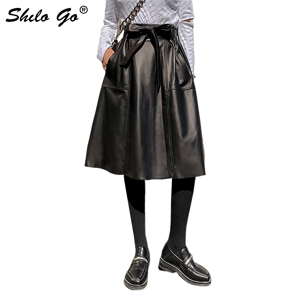 

Genuine Leather Skirt Elegant Bow Wrap Waist Pocket Side Sheepskin A Line Skirts Women Autumn Winter Office Lady Skirts Female