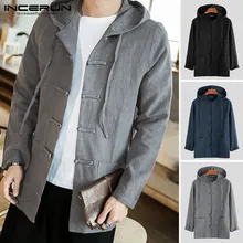 INCERUN, винтажная Мужская рубашка, китайский стиль, хлопок, с капюшоном, одноцветная, пуговица, Hanfu, топы, Ретро стиль, длинный рукав, повседневные мужские рубашки, 7