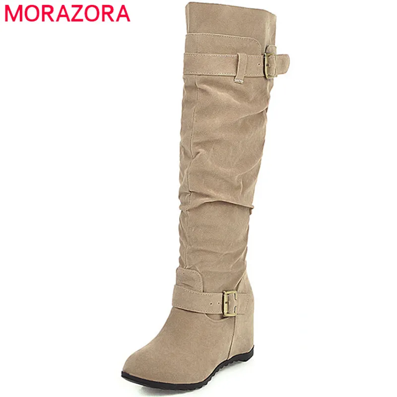 Женские сапоги на танкетке MORAZORA черные до колена из флока с пряжкой большие