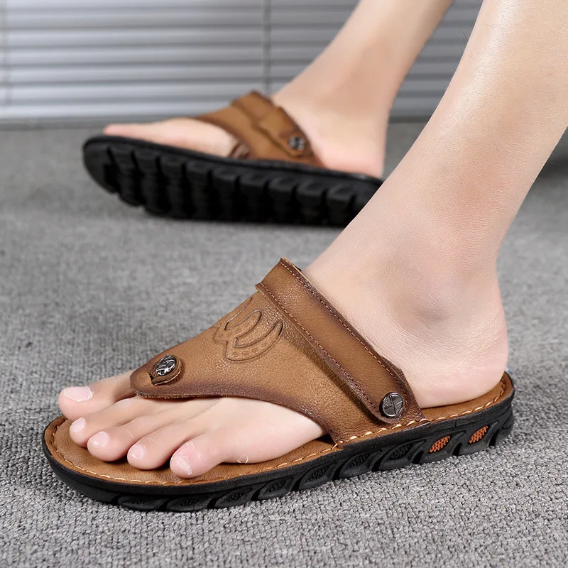 

Men Genuine Leather Sandals MEN'S Sandals Large Size Cowhide Slippers Men's New Style Thick Bottomed Anti-slip Men's Sandals Sum