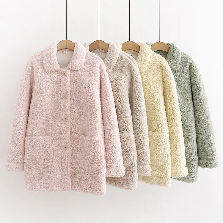 

48py-19271 Korean-style WOMEN'S Wear 2019 Autumn & Winter New Style Loose-Fit Fold-down Collar Large Pocket Lambs Wool Coat Wome