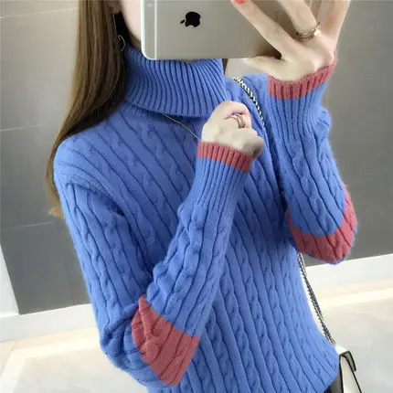 Осень-зима,, женский вязаный кашемировый свитер с узором, Женский пуловер с воротником-хомутом - Цвет: blue