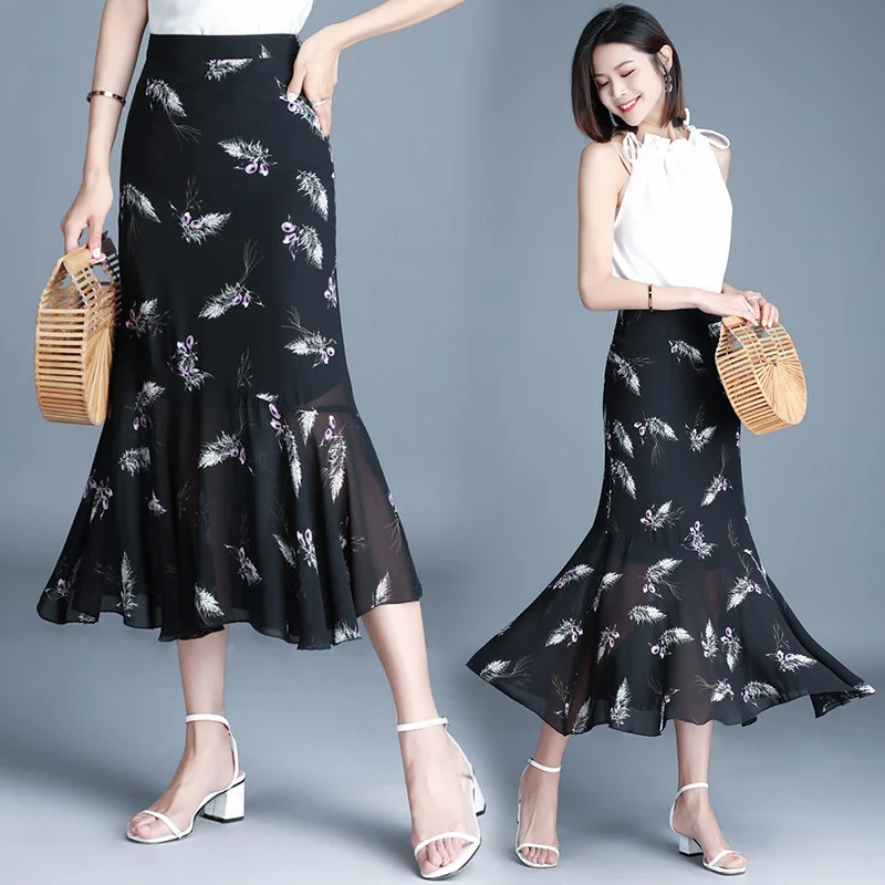

Shanghai New Europe Sang 2020 Summer Elegant Elegant Floral-Print Chiffon Skirt