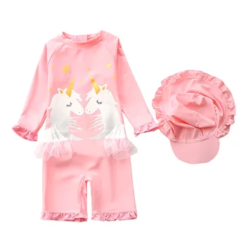 

Ins Children's swimwear one piece girl's pink lovely princess swimsuit little Baby ruffle unicorn beach clothing hat YZ20045