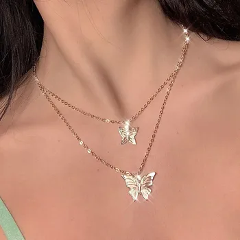 

New Arrival Double Butterfly Necklace European Jewelry Female Alloy Creative Simple Long Double Butterfly Necklace Lady Gift