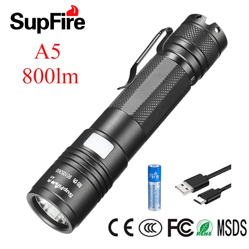 Supfire светодиодный светильник для вспышки Linterna USB мини Фонарь ручной A5 Lanterna 800 2000lm