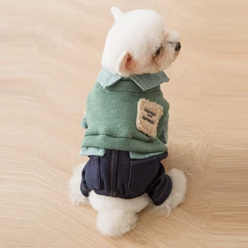 

Denim Plaid Dog Plush Sweater Jumpsuit Cat Puppy Coat Jacket Shirt Jeans Pants Autumn Spring Clothes for Chihuahua Dog Cat