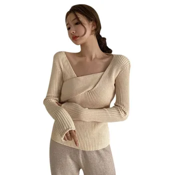 

Korean Autumn Winter Sweater Women Solid Color Casual Long Sleeve Knitted Sweaters Pullover Tops Female Square Collar Sweater