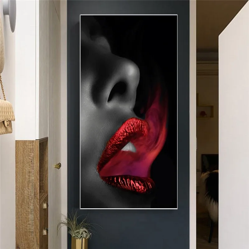 Modular Woman Red Smoke Mouth Sexy Lips Oil Painting on Canvas Posters and Prints Cuadros Wall Art Pictures For Living Room