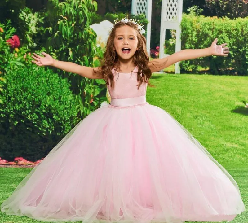 

Flower Girl Dresses Beaded belt Puffy Lace For Sleeveless Tulle Communion Get Together Pageant Dresses