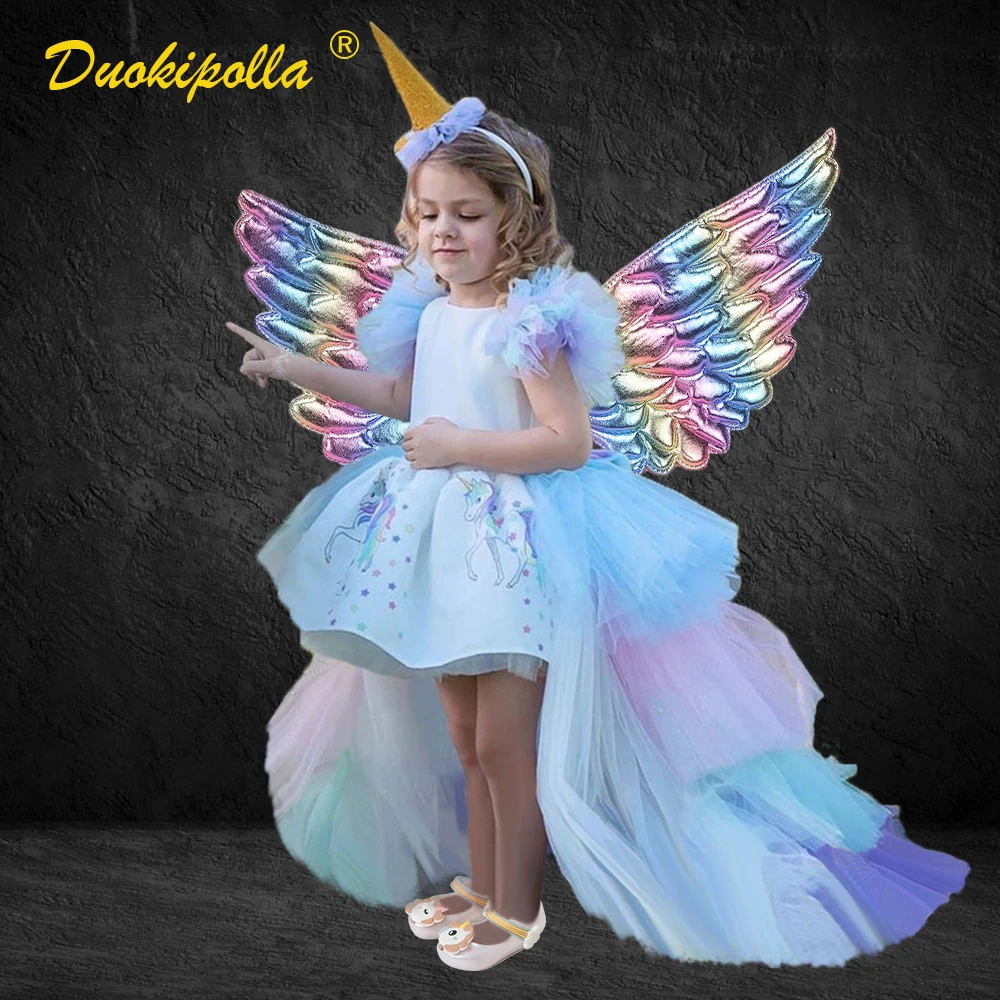 frock designs Kids Rainbow Unicorn Dress with Long Tails Angel Wings Party Dress for Girl Princess Costume Lol Ball Gown Baby Girls Pony Dress designer dresses Dresses