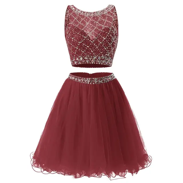 Free Shipping Homecoming Dress Tulle Two Pieces Girl Party Wear Cocktail Dresses Crystal Beaded Charming graduation robes Burgundy