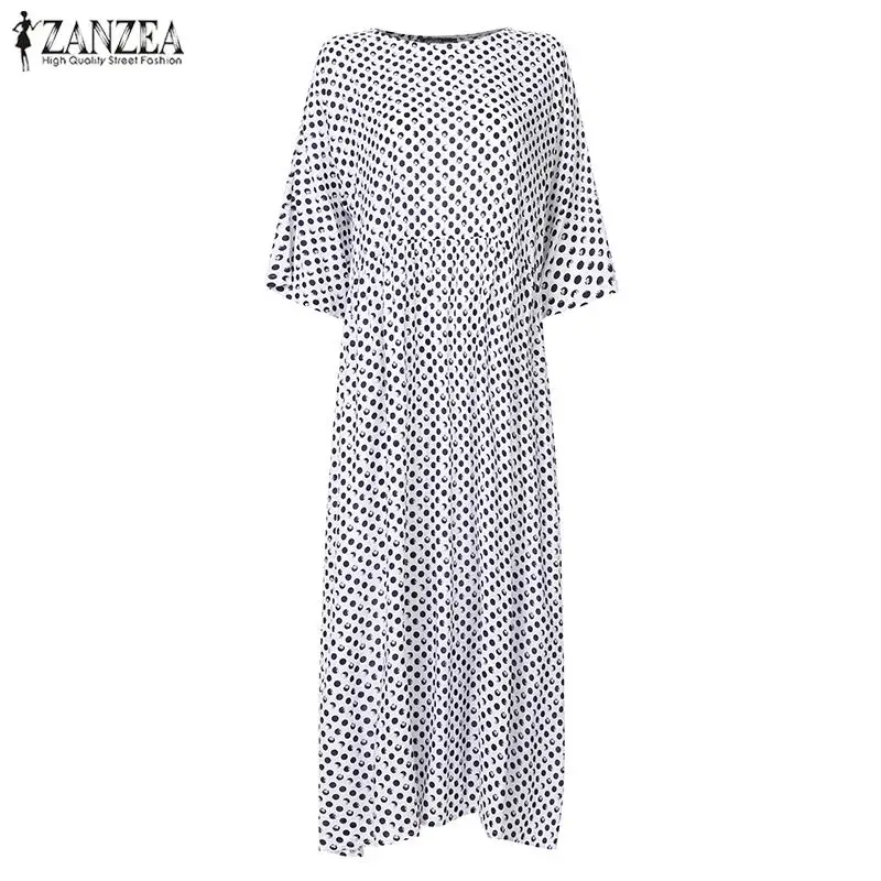Модные женские туфли Повседневное женская одежда макси длинное платье Vestidos ZANZEA в богемном стиле, большого размера летний сарафан повседневные свободные в горошек платье в горошек