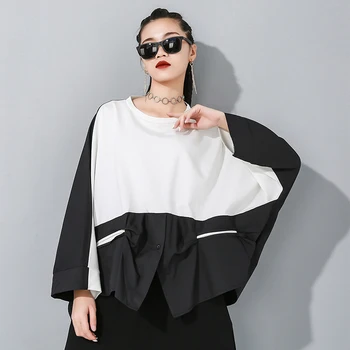 

Women Green Contrast Color Big Size Symmetrical T-shirt New Round Neck Long Sleeve Fashion Tide Spring Utumn 2020 1N19