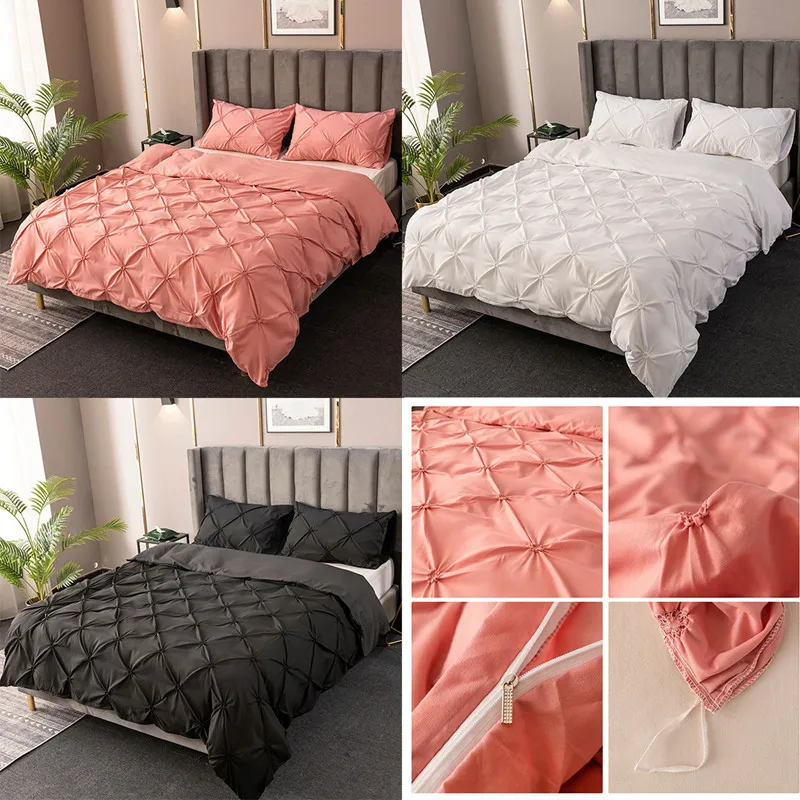 Luxury Black Duvet Cover Pinch Pleat Brief Bedding Set Queen King