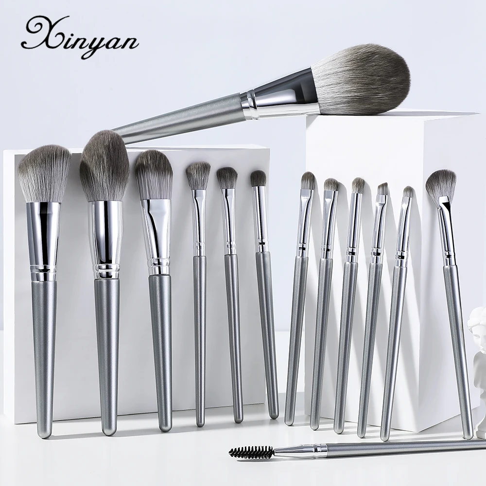 

XINYAN 14pcs Silver Makeup Brushes Set Powder Grey Blush Concealer Foundation Eyeshadow Eyeliner Eye Cosmetics Face Beauty Tools