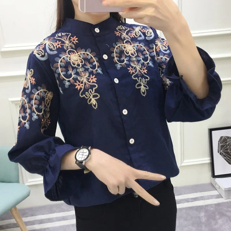 

Fashion Flower Embroidered Tops Loose Shirt Embroidery Blouse Women Shirt Blusas x