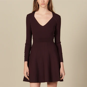 

Runway Elegant Buttons Split Women Shirt Dress Office Female Slim Fit V-Neck Knitted Vestidos Spring Lades A Line Midi Dress