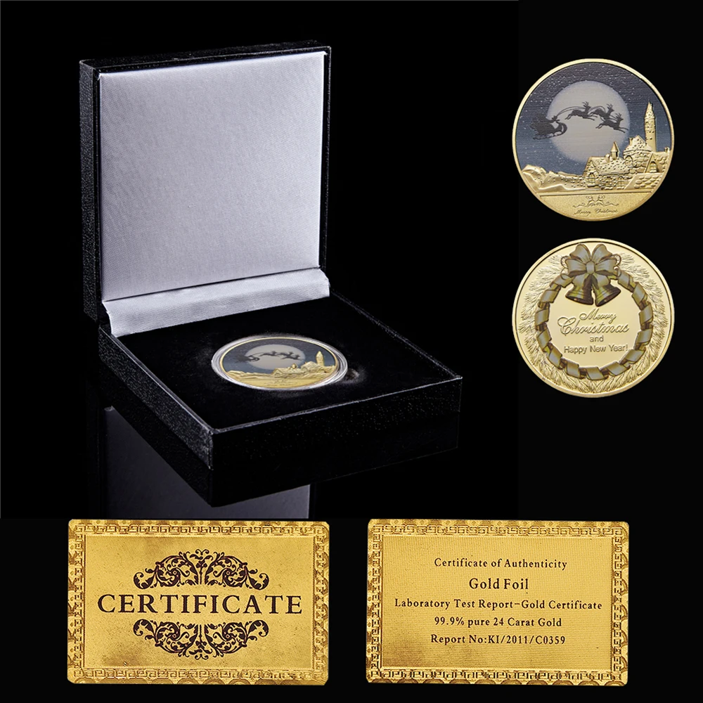 

2023 Merry Christmas Santa Claus Deer Gold Plated Commemorative Toen Value Coin W/ Luxury Box