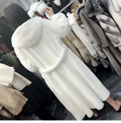 Женское пальто с искусственным мехом, новинка, имитация водной гривы, большой размер, бархатное, женское, однобортное, с большим карманом, длинное, толстое, с капюшоном, J10262 - Цвет: white