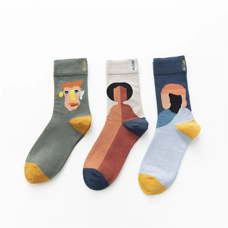 3 пар/лот, забавные женские носки с абстрактным рисунком, зимние, Ретро стиль, для женщин, Ван Гог, современные, масляная краска, хлопок, роспись, всемирно известные носки