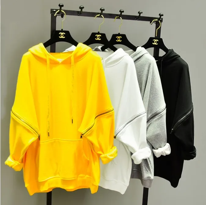 

New Autumn Winter Pure Color Loose Sweatshirt Women Thicken Plus Velvet Shirt with Hood Student Girls Bat Sleeve Hoodies Tops