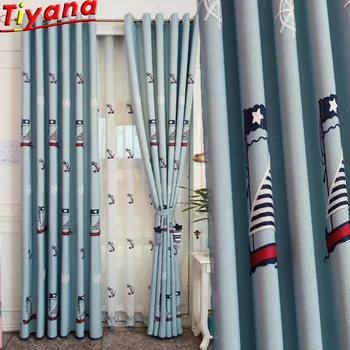 

Embroidered Sailboat Curtains for Kid's Room Anchor/Rudder Pattern White Tulle Curtains for Boy's Room Blue Curtain ClothHM068#4