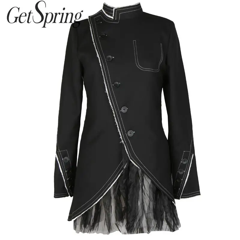 

GETSPRING Women Blazer Mesh Patchwork Irregular Black Women Blazers Jackets Split Bandage All Match Vintage Suit Coats 2019 New