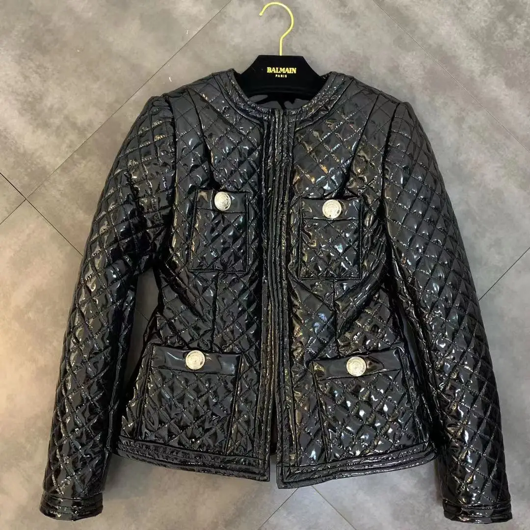 Jacket winter new round neck long sleeve plaid pocket decorative glossy PU cotton clothing
