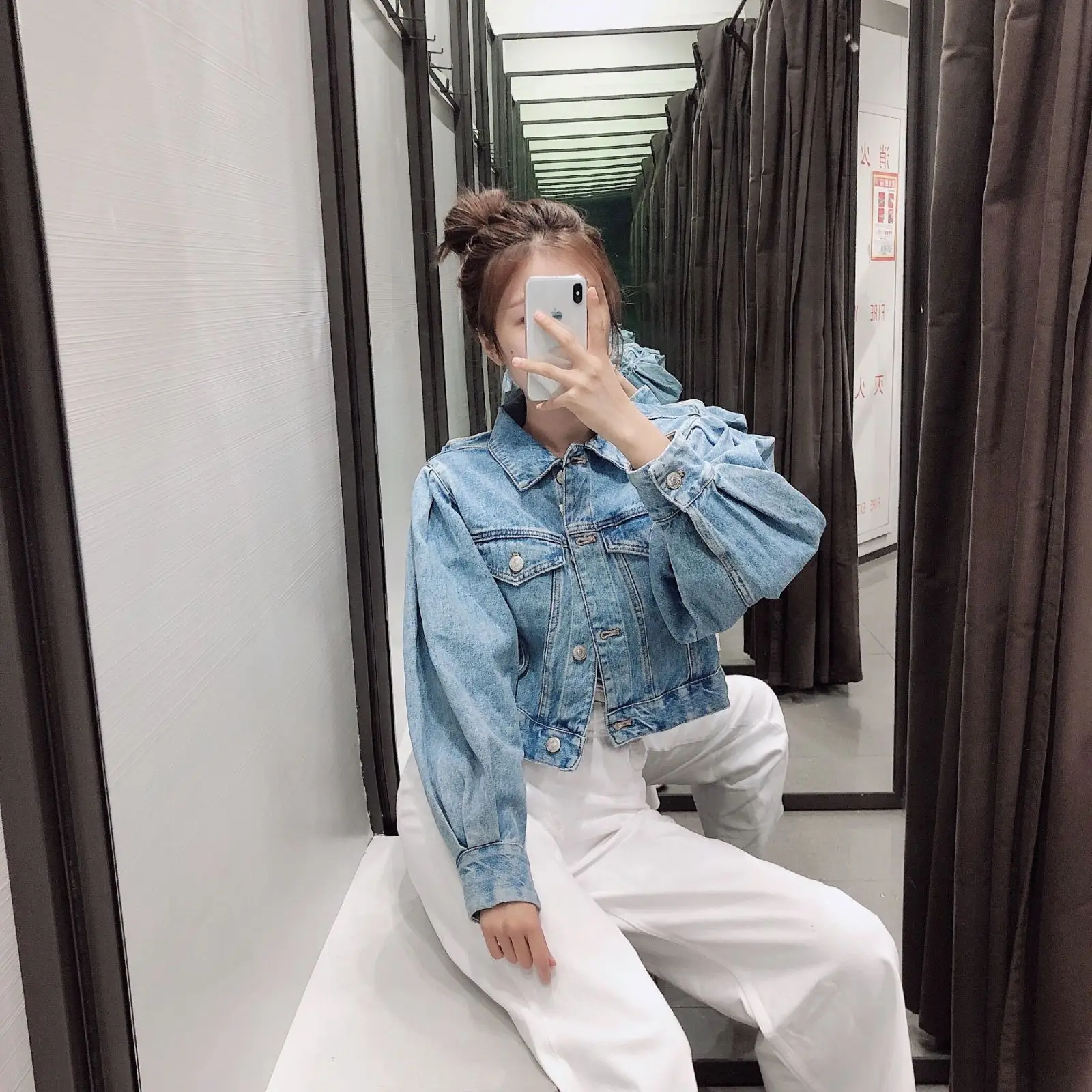 

European Sheet Autumn Women's Long Sleeve-Washing Blue Jacket Shorts Loose Version of the Type Long Sleeve Denim Coat