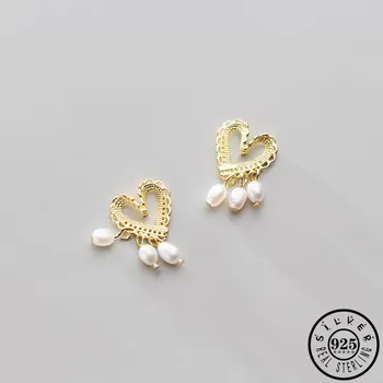 

925 Sterling Silver Heart Shape with Small Natural Pearls Statement Gold Color Plated Ear Dangle Drop Earrings for Women