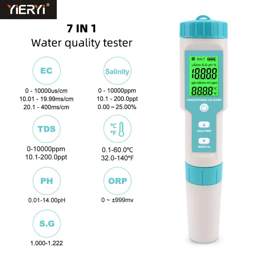 

Yieryi Newest 7 in 1 PH/TDS/EC/ORP/S.G/Salinity/Temperature Water Quality Tester With Electrode Replaceable C-600 PH Meter