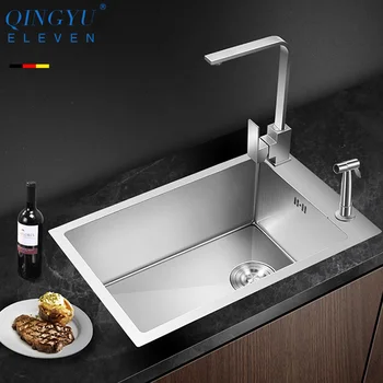 

QINGYU ELEVEN Horizontal Manual Kitchen Sink High Quality 304 Stainless Steel Dish Sink Single Bar Counter Kitchen Sink