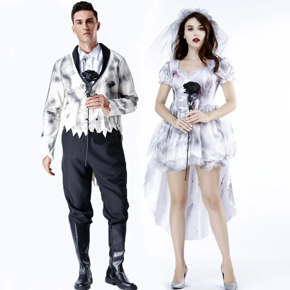 

Adult Ghost Groom Costume Fancy Dress Women Dead Bride Dress Cosplay Men Halloween Costume Role Play Bloody Bride Clothes