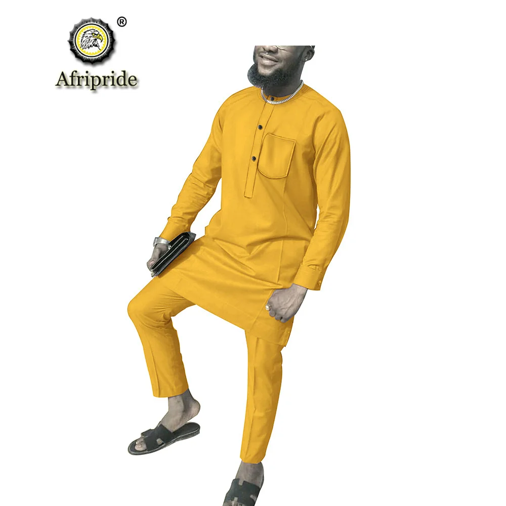 Африканская мужская одежда костюм из 2 предметов рубашки с длинными рукавами Топы+ брюки комплект Анкара тканевые с принтом карман AFRIPRIDE S1916004