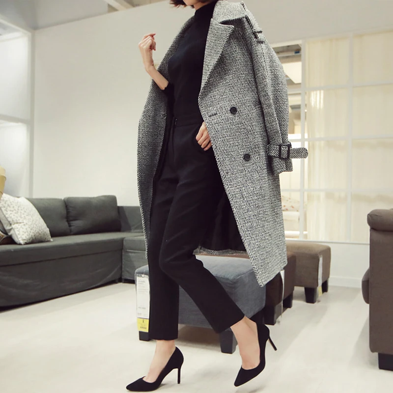 Nuovo Autunno Inverno Coreano Lunga Fonde OL Cappotto Elegante Delle Donne Doppio Petto Risvolto Del Collare Fiocchi e Fasce