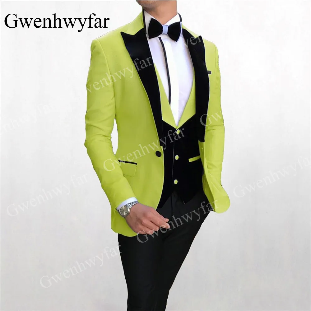 fluorescent green Gwenhwyfar оранжевый красный с черными костюмы с лацканами для мужчин индивидуальный заказ Terno Тонкий Жених на заказ 3 шт. Свадебный мужской костюм - Цвет: fluorescent green