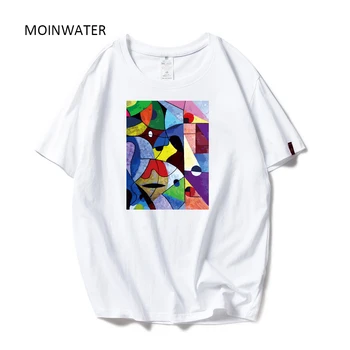 

MOINWATER Brand New Women Colorful Print T shirts White Black Cotton Tees Lady High Street Comfortable Casual Tops MT1978