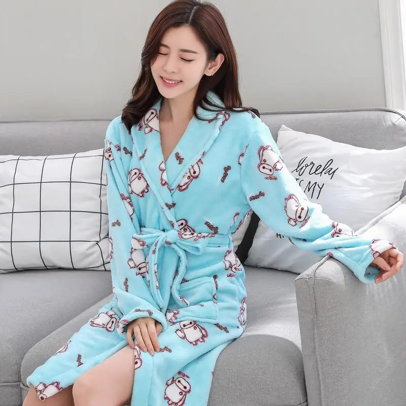 Lovely Robe Women Coral Fleece Nightwear Autumn Winter Warm Sleepwear Intimate Lingerie Home Cothes Flannel Homewear Nightdress - Цвет: Style F