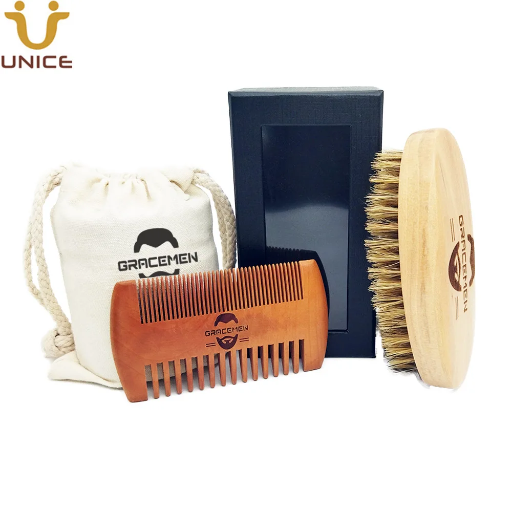 MOQ 100 Sets OEM Custom LOGO Wood Beard Care Kit with Bag & Box Mustache and Head Hair Brush and Double Sided Comb rigid two sided credit card size hard plastic badge holders with slot for expo launch event staff tag id card holder pass strap