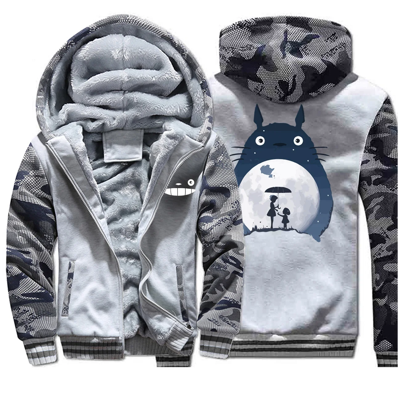 Totoro зимняя камуфляжная Мужская Флисовая Толстая теплая куртка Мужские пальто и куртки Япония Аниме Толстовка с капюшоном камуфляжная Толстовка Спортивная одежда - Цвет: Light Gray 6