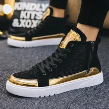 Лидер продаж; мужская обувь с высоким берцем; золотистая Вулканизированная обувь; Крутые ботинки с блестками; Блестящие Кроссовки; мужская повседневная обувь на плоской подошве; шикарная обувь;