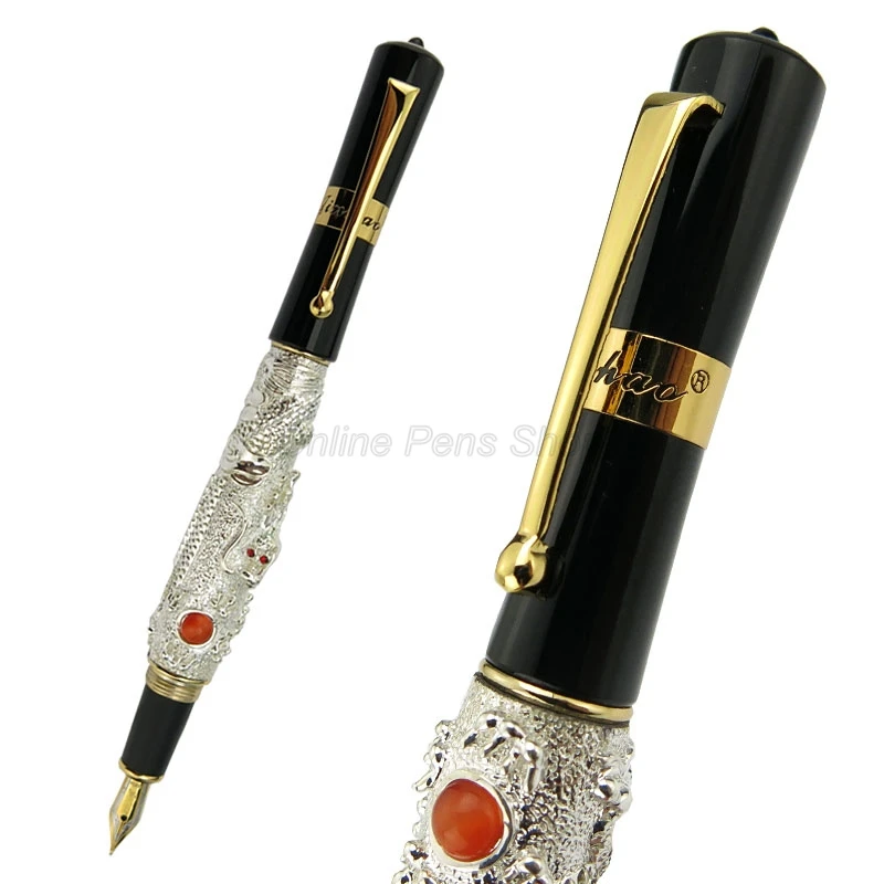 Jinhao High Grade Flying Dragon Fountain Pen, Metal Embossing Iridium Fine Nib, Great Silver Color For Writing Gift Pen