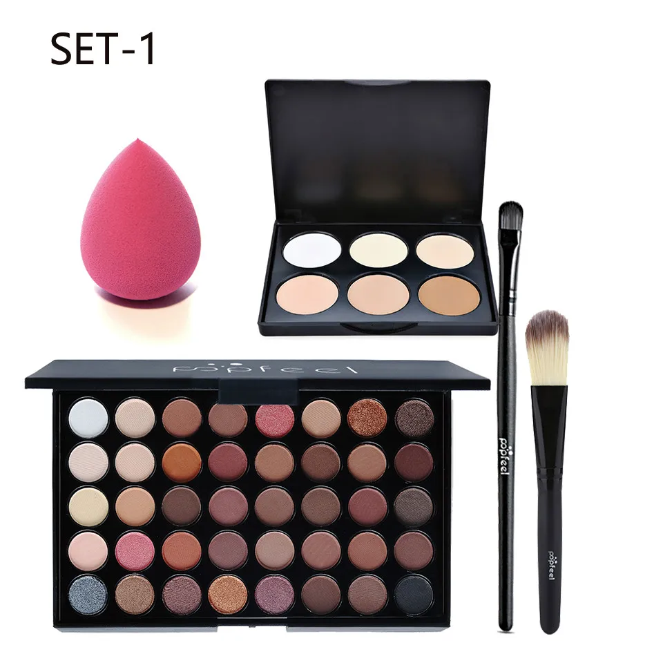 

POPFEEL 40 ColorMatte Eye Shadow Palette+Concealer+Puff+Eyebrow Dye +Powder Lasting-Effect Smoky Makeup Face Cosmetic Set 5 Pcs